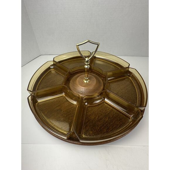 Mid Century Lazy Susan Appetizers Serving Tray Faux Wood With 6 Removable Trays - Picture 3 of 5